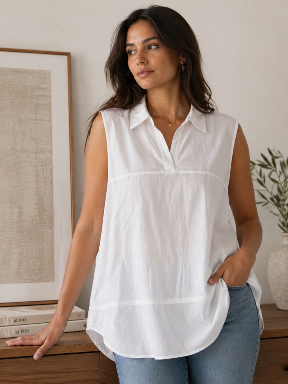 Vince White Sleeveless Popover Blouse XL Collared Stretch Cotton Minimalist
